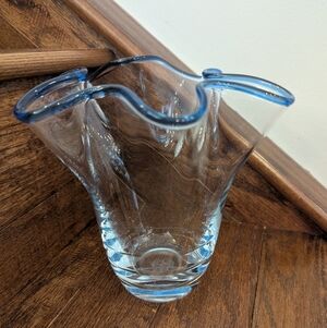 Vintage Blown Glass Handkerchief Vase with Indigo Blue Rim
